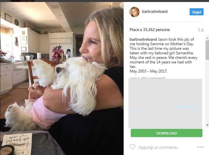 Barbra Streisand piange la morte della sua ragazza adorata Samantha