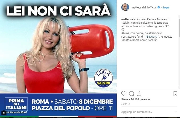 Pamela Anderson contro Matteo Salvini E arriva la replica