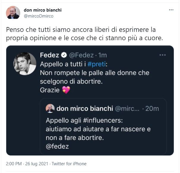 Aborto Fedez Appello ai preti non rompete le p alle donne La risposta di Don Mirco Bianchi